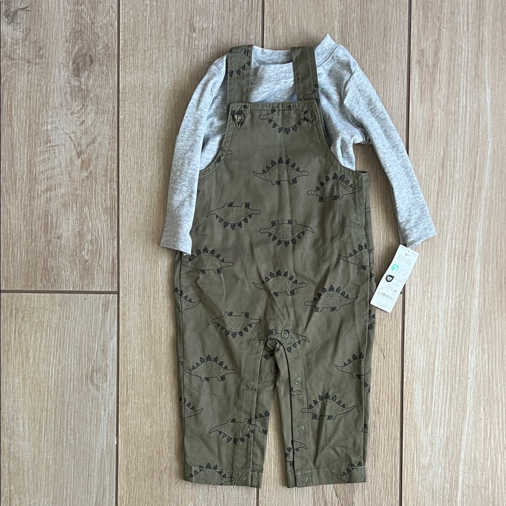 Olive Green Dinosaur Print Kids Overalls